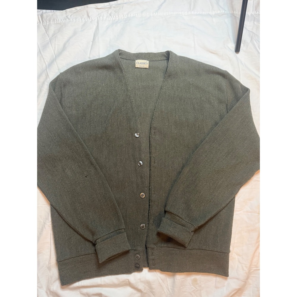 CLASSICS Cardigan Sweater Olive Green Button‎ Front Knit Mens XL Made in USA